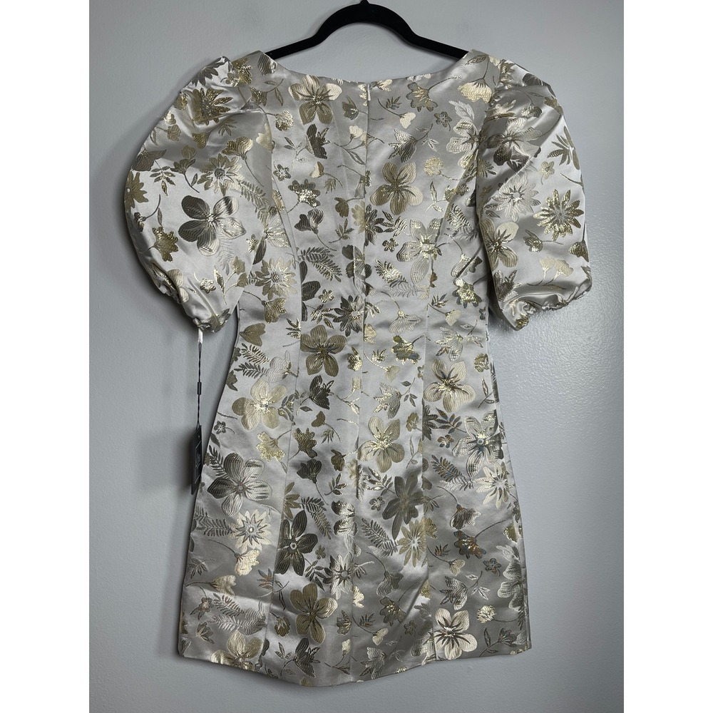 MAC DUGGAL Floral Brocade Puff Sleeve Mini Dress Size 4 Gold NEW 49621 Party - Picture 6 of 13